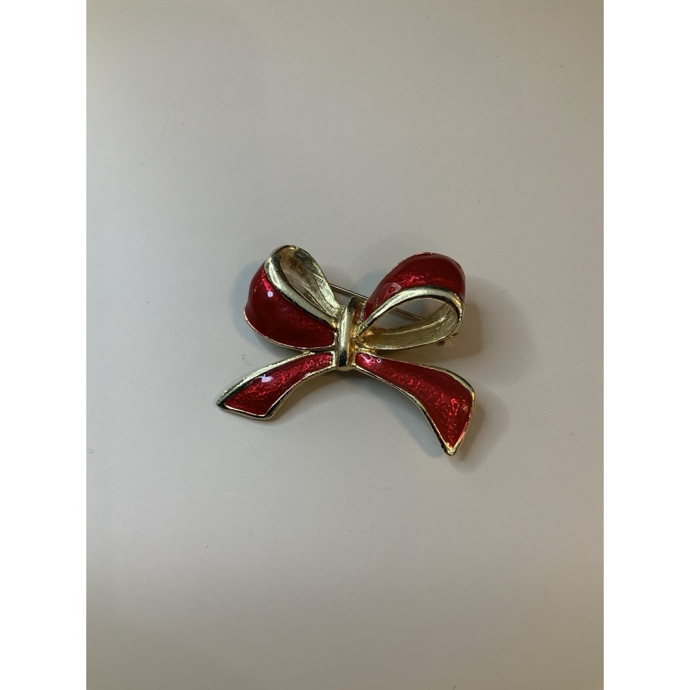 Vintage AAi Red Enamel Gold Tone Bow Brooch Pendant